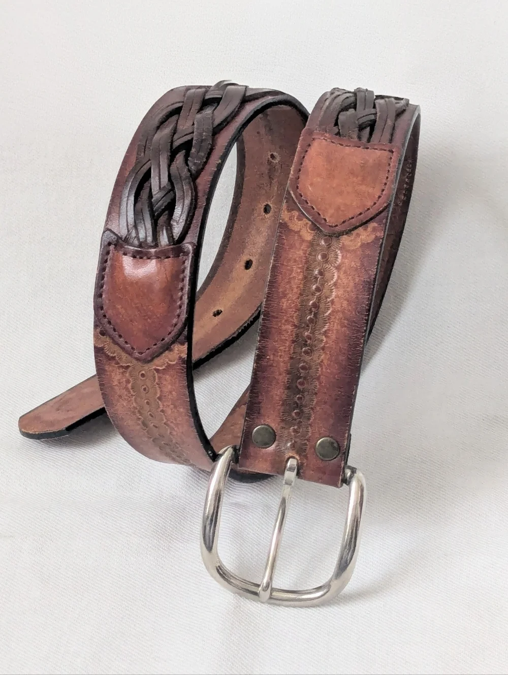 Vintage Leegin USA Full Grain Leather Western Tooled Floral Braided Belt Sz 30